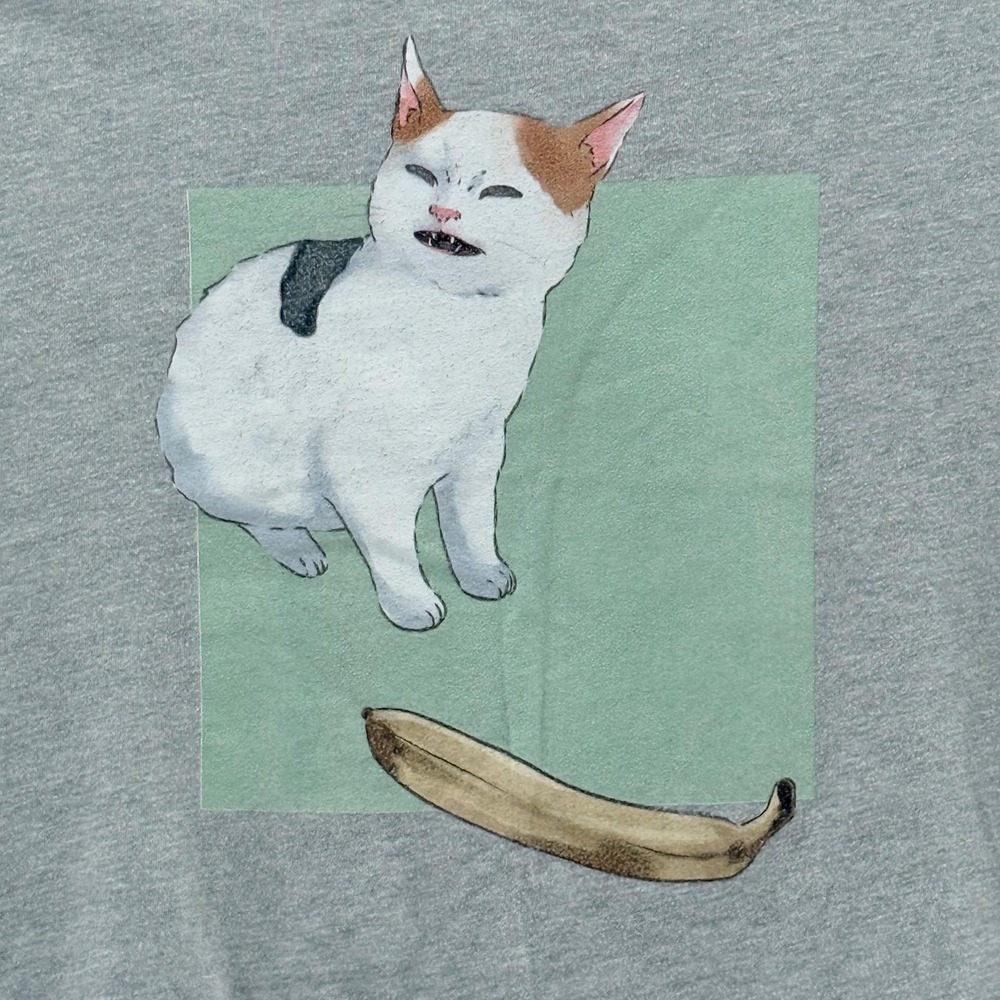 Funny Cat Banana Shirt Womens Small Gray Meme Graphic Tee Cute Animal Humor Gift